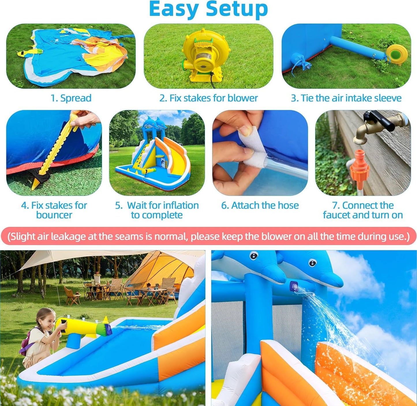 TOAOB Inflatable Water Slide,5 in 1 Dolphin Inflatable Bounce House for Kids- Climbing Wall Splash Pool Water Cannon Basketball Rim - 480W Blower - for Indoor Outdoor Backyard Birthday Party