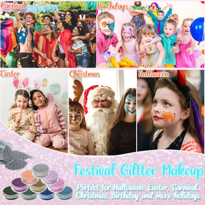 TEUVO Glitter Tattoo Kit for Kids, 50 Glitter Colors, 199 Stencils, 2 Gem Stickers, 4 Glue, 5 Brushes Body Face Arts Glitter Makeup Temporary Tattoos for Girls Halloween Christmas Birthday Party Gifts