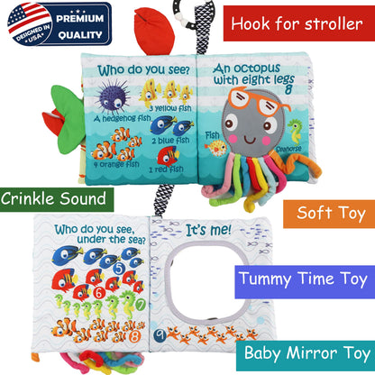 Fish Baby Books, Crinkle Books for Babies,Touch & Feel,Infant Baby Toys 0-3 0-6 6-12 Months, Sensory Mirror Toys,Soft Teether,Teething Toy,Shower Baby Basket Stuffers,Baby Gifts for Boys Girls-Blue