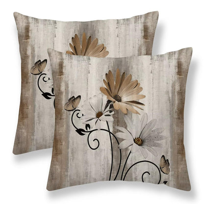 Sunshineyan Brown Floral Pillow Covers 18 x 18 Inch Set of 2 Daisy Floral Butterfly Decorative Throw Pillow Covers Linen Rustic Farmhouse Cushion Cases for Home Sofa Couch Living Room Decor