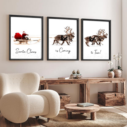 LITIVY Christmas Wall Art Prints - Set of 3 Santa Claus with Sleigh Deer for Home Decor - Xmas Sign - 12x16in - Black