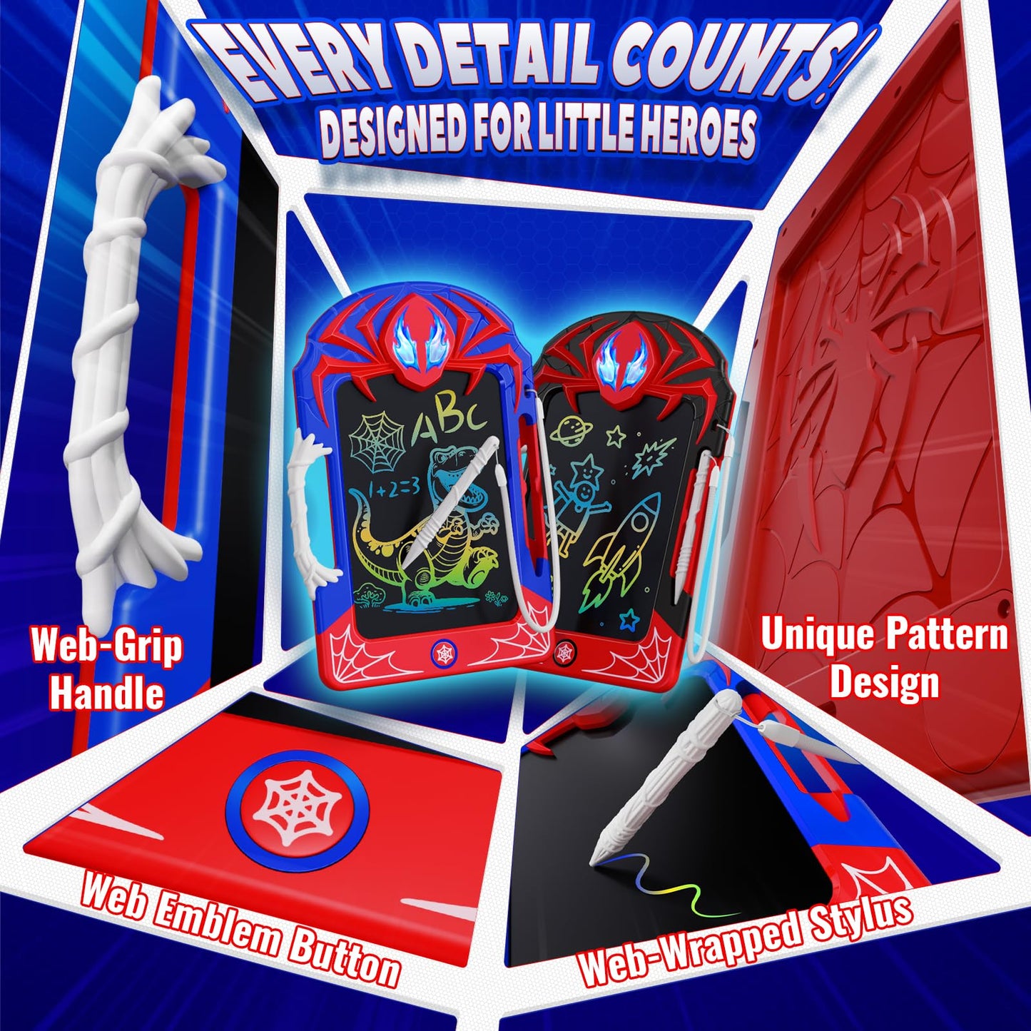 LCD Writing Tablet 2 Pack–Red & Blue Hero Styles with Web Stylus & Grip, Colorful Doodle Board Drawing Pad Toy Gift 3 4 5 6 7 8 10 11 12 Year Old Boys Girls Toddler Age 3-4 4-6 6-8 8-12 Birthday Gift