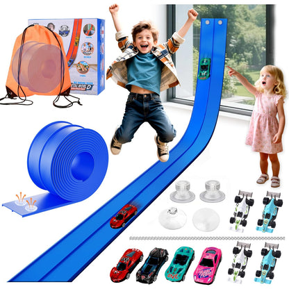 Flexible Car Track for Kids: 15 Ft of Portable Roll-Up DIY Flexible Race Track with 8 Cars & 4 Strong Suction Cups Car Ramp Toy Track, – A Great Birthday for Boys & Girls Ages 3+ (Blue)