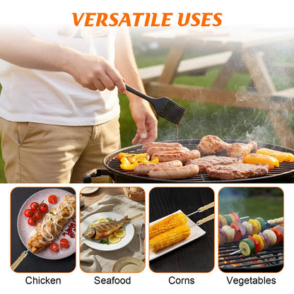 WRENYZK 24 Pcs Barbecue Skewers with Wooden Handles, Kabob Skewers for Grilling, 15.75" Stainless Steel BBQ Skewer with Basting Brush, Kabob Skewers Skewer Sticks for Camping or family