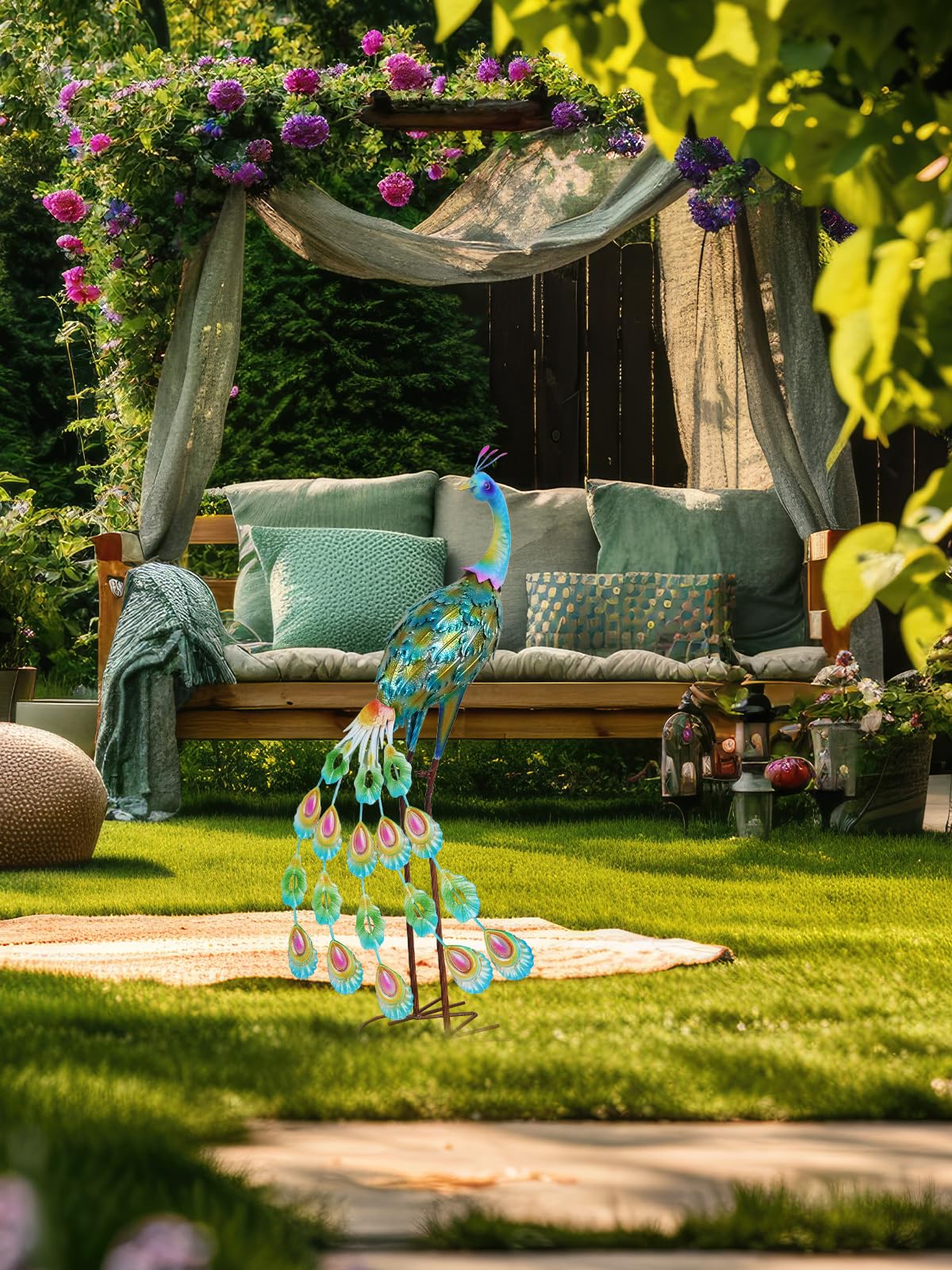 YEAHOME Garden Decor Outdoor Statues, 34" Large Metal Peacock Standing Yard Art, Blue Green Bird Lawn Sculptures Garden Decor for Outside Patio Porch Backyard