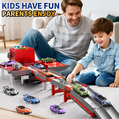 DULONIME Fire Trucks for Toddlers 1-3, Firetruck Toys for Toddlers 1-3 3-5, Folded Carrier Truck Race Track with 6 Racing Car Toys, Light Sound, Birthdays for Kids Girls Aged 3-9
