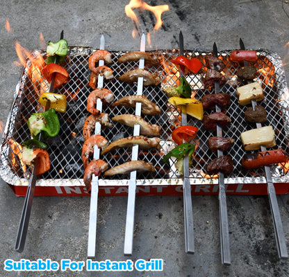 Carvefun Innovative Thermal Insulation Handle BBQ Skewers Set - 6 Stainless Steel Wide BBQ Kebob Sticks For Grill - Flat Metal With 1 Food Remover Bar - 16.7' Inch Metal Kabob Skewers