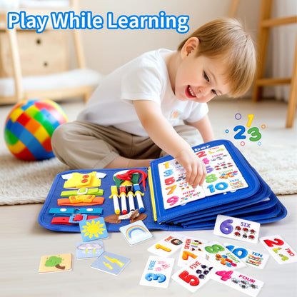 Toddler Busy Board, Montessori Busy Book for Toddlers, 12-Page Quiet Educational Activity Book for Motor Skills, Learning Sensory Travel Toys for Car Airplane, Birthday Gifts for Boy Girl Kids (Blue)