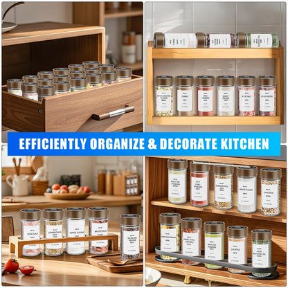 VIBRATITE 30 Pack Spice Jars with Acacia Lids, 4 oz Round Glass Jars Spice Containers Set with Labels, Pen, Funnel, Seasoning Storage Bottles with Shaker Lids for Rack, Cabinet, Drawer