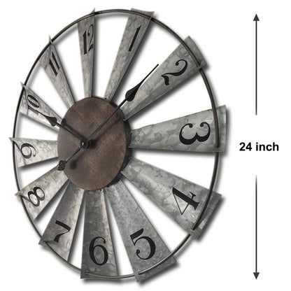Mrocioa 24inch Windmill Distressed Metal Wall Clocks Rustic Large Decorative Clock Oversized Farmhouse Decor,Non Ticking,Battery Operated