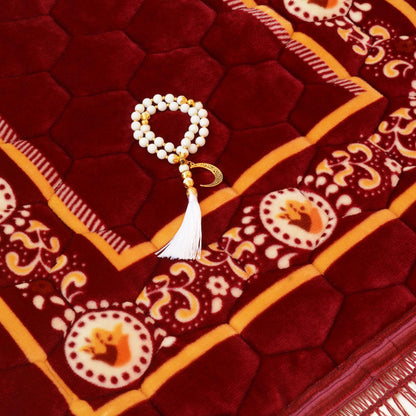 YAZEIN Prayer Rug Muslim Mat Islamic - Padded Very Thick Prayer Rug Sajadah for Men Women with Islam Prayer Beads, Soft and Luxury (31.5" x 47.2") (Red)