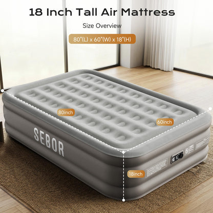 Sebor Air Mattress Queen with Built-in Pump 18", Comfortable Self-Inflating Blow up Mattress with High-Speed Pump, Durable Queen Size Air Mattress with Storage Bag for Guests, Moving, Camping, Travel