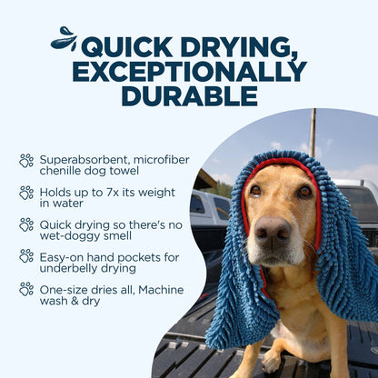 Soggy Doggy Super Shammy Dog Towel - Microfiber Chenille Towel for Drying Dogs and Cleaning Paws - Fast Drying with Hand Pockets for Ease (Blue/Red Trim, 31” x 14”)