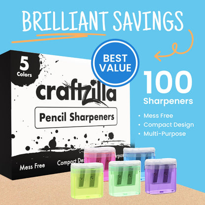 Craftzilla Pencil Sharpener 100 Pack, Manual Pencil Sharpeners Bulk for Kids with Lid, Perfect for School, Office, and Home
