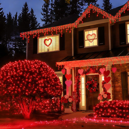 YEGUO Net Lights Outdoor Mesh Lights, 12ft x 5ft 360 LED Red Valentine‘s Day Light Outdoor Waterproof, 8 Modes Connectable Clear Wire Christmas Bush Light Plug in