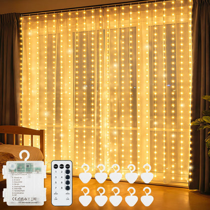 echosari Curtain Lights Battery Operated, 300 LED Fairy Lights 9.8 x 9.8Ft with Timer for Bedroom Wedding Backdrop Indoor Decor (Warm White)