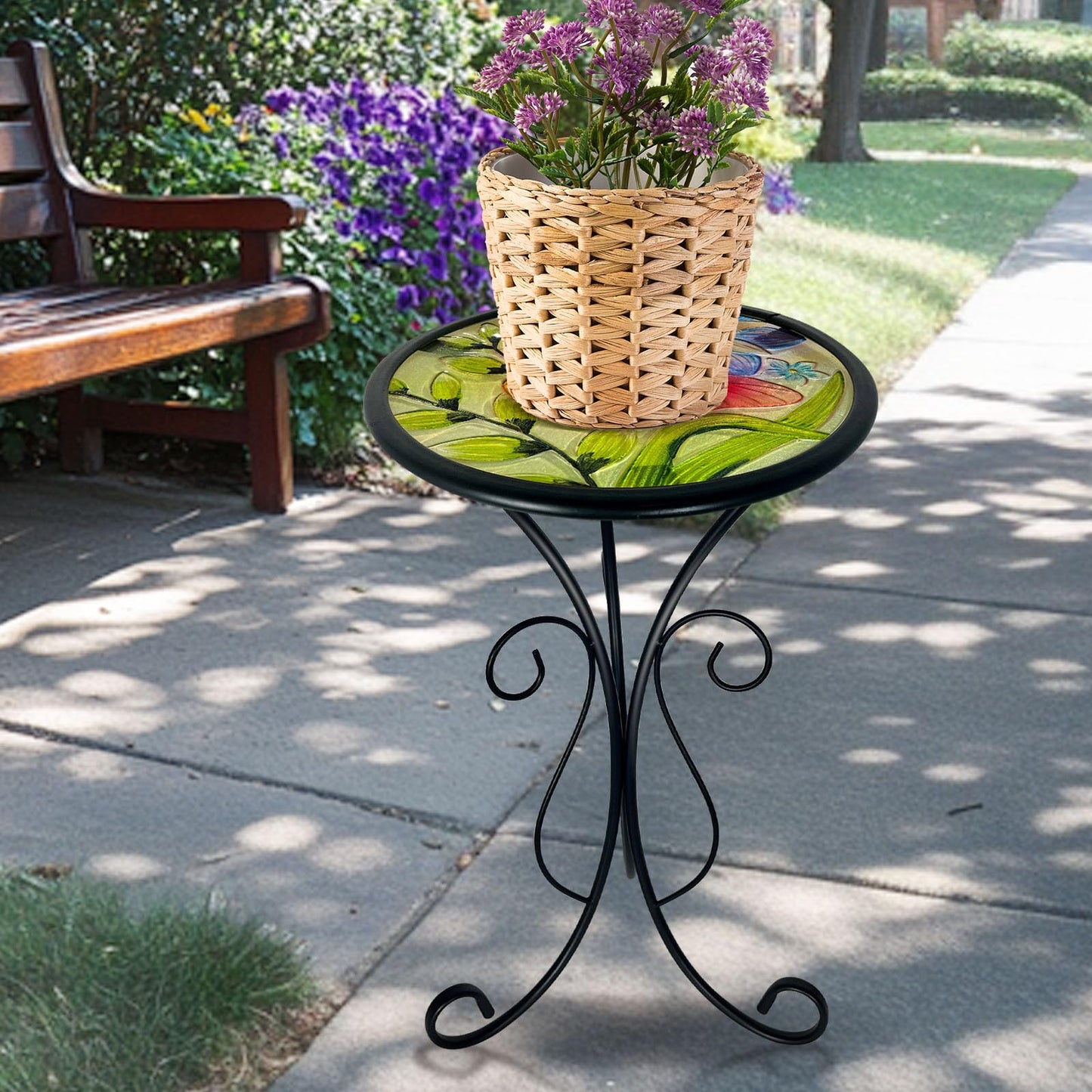 HONGLAND Outdoor Side Table, Small Outdoor Table, 12" Round Patio Side Table End Table, Glass Plant Stand, Small Bistro Coffee Table for Garden Patio Porch Living Room (Butterfly)