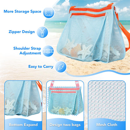 LIDAGO 5 Pcs Sand Toys Beach Set Include 1 Metal Shovel,1 Metal Rake,1 Foldable Beach Bucket & 1 Sand Sifter with 1 Mesh Beach Bag for Shells Collecting