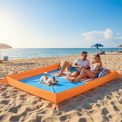 Qunclay Oversize Large Sandproof Beach Blanket 7.2 x 4.6 ft Outdoor Playpen Mat with 3.5" Tall Walls Waterproof Sand Free Picnic Sheet with Stakes & Storage Bag for Family, Beach Camping Essentials