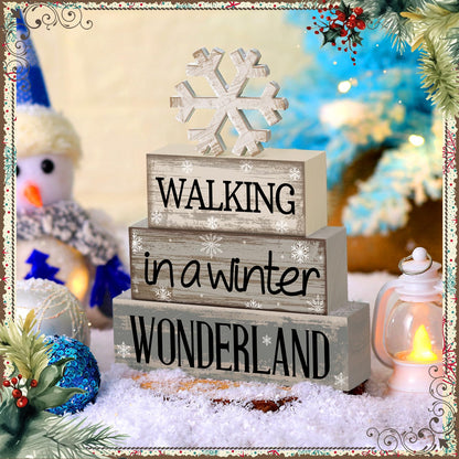 Moucuny 4 Pcs Winter Table Decorations Wooden Snowflake Decor Winter Tiered Snow Tray Decor Rustic Block Signs Gift Farmhouse Christmas Centerpiece for Wonderland Party Kitchen Shelf Home