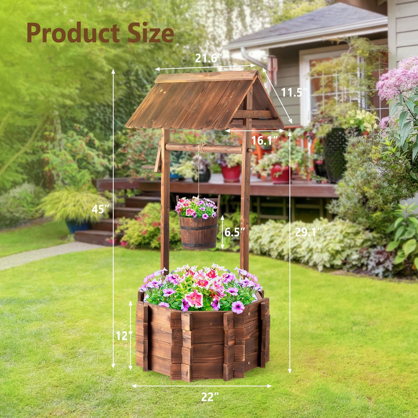 VINGLI Wooden Wishing Well Outdoor Planters, Well Covers for Yard with 2 Reinforced Rods, Height Adjustable Hanging Bucket, Rustic Flower Pot Home Decor for Outside Patio Garden