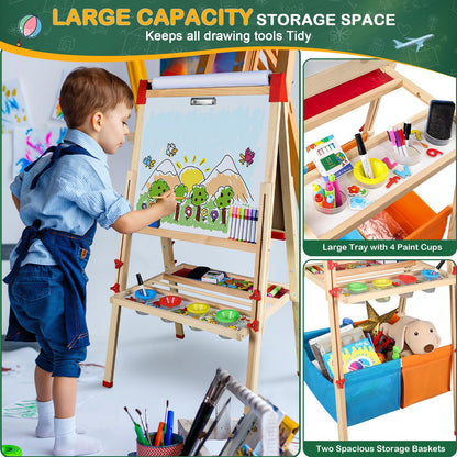 Easel for Kids,3 in 1 Adjustable Kids Art Drawing Easel Set,130+ Art Supplies,Wooden Double Sided Magnetic Chalkboard and White Board with Paper Roll,Painting for Aged 2-4,5-7,8-12