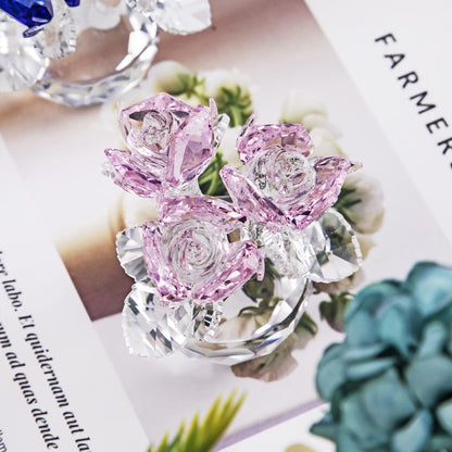 QFkris Pink Crystal Rose Bouquet Flower Figurine for Home Decor 2.8" Glass Flowers Ornament Collection for Women Valentines Day Thanksgiving,Christmas,Mother's Day