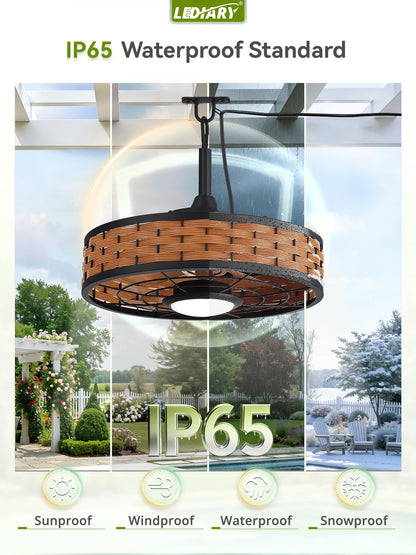 LEDIARY 20" Outdoor Ceiling Fans with Light for Patios, IP65 Waterproof Gazebo Fan, Boho Rattan Plug in Ceiling Fan Remote&APP Control, 3CCT Dimmable, 6-Speeds, Caged Fan for Gazebo,Patio,Porch