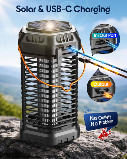 GTERT Solar Bug Zapper Outdoor – Ultra-Strong Fly & Mosquito Zapper, Solar-Powered Rechargeable Bug Zapper, Portable Cordless Insect Zapper, Foldable Adjustable Outdoor Light, IP66 Waterproof (Black)