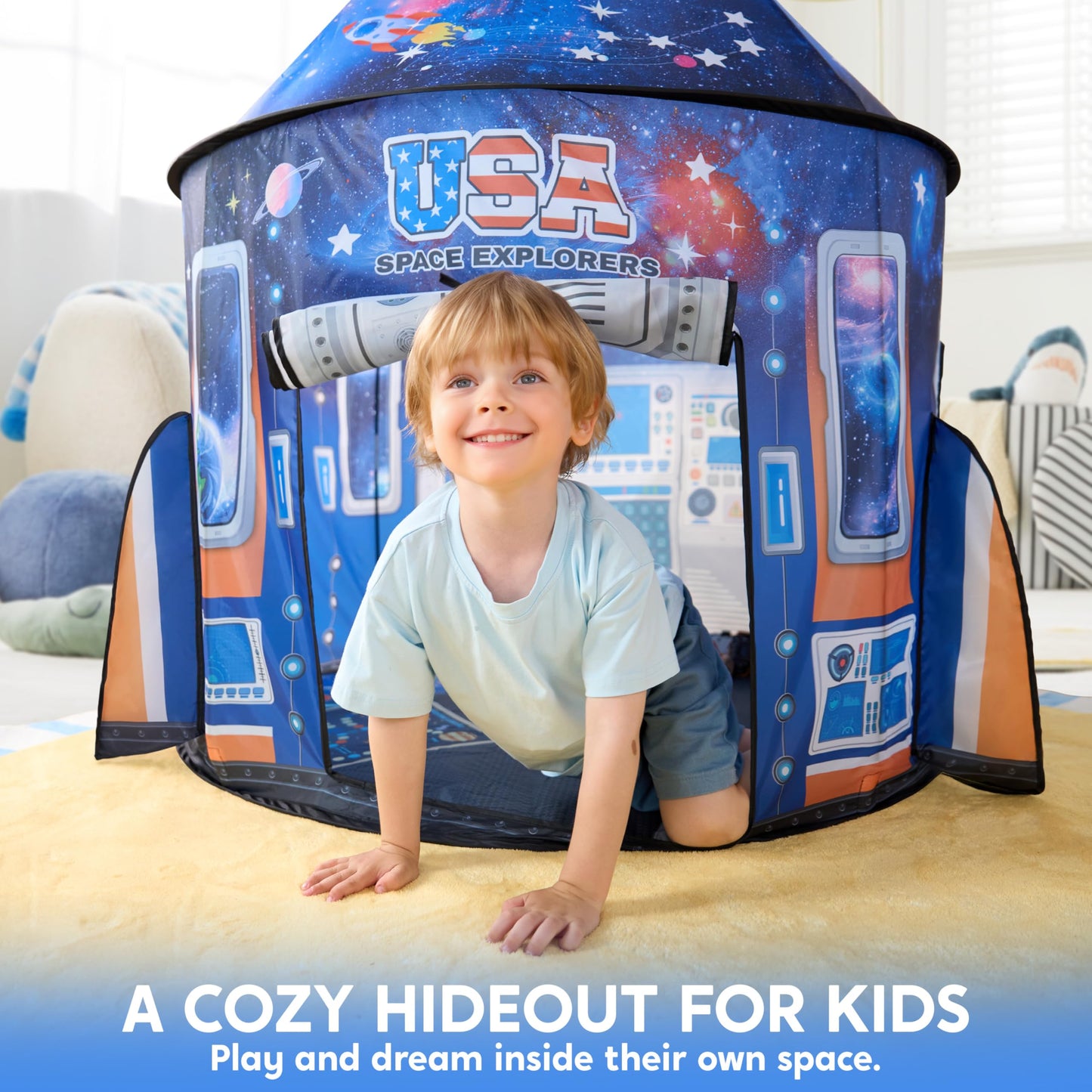 JOYIN Rocket Ship Play Tent for Kids – Glow-in-the-Dark Space Tent with Starry, Astronaut Spaceship Foldable Playhouse for Boys & Girls, Indoor Outdoor Kids Pop-up Play House, Toddler Birthday Toy