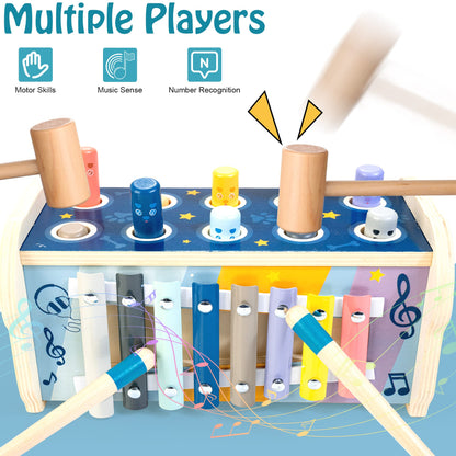 KIDWILL Wooden Hammering Pounding Toy for 12+ Months Kids, Montessori Toys for 1+ Year Old Babies, Early Development Toy with Pounding Bench, Xylophone, Number Sorting Maze, Gifts for Toddlers Age 1-2