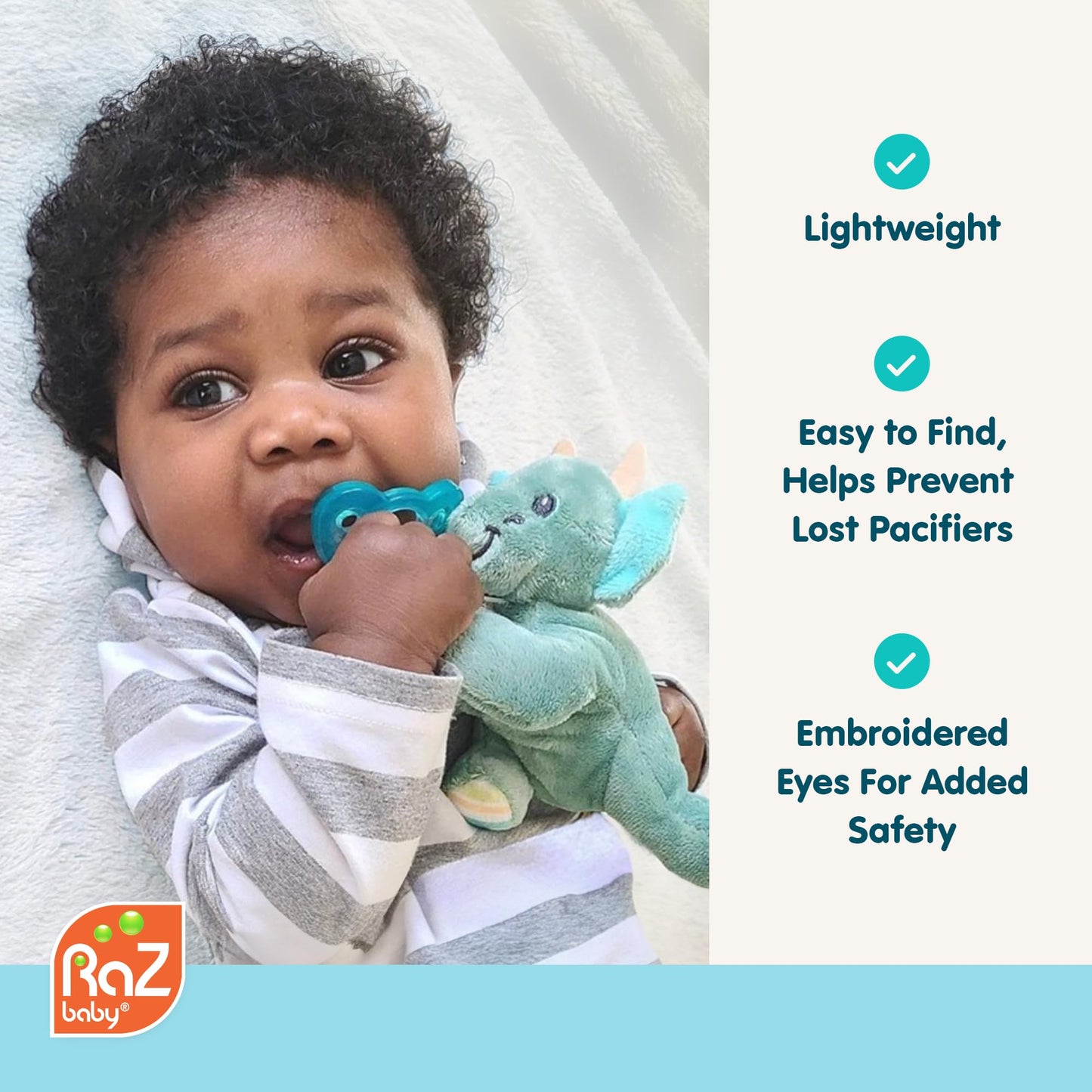 RaZbaby JollyPop Pacifier, Holder w/Detachable Baby Pacifier, Stuffed Animal RaZbuddy, All Ages 0M+, 100% Medical Grade USA Made Silicone, Machine Washable, Textured & Easy to Hold – Pig