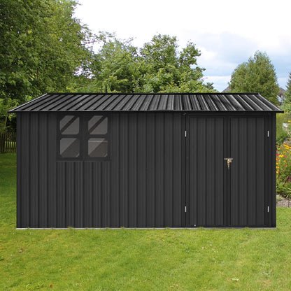 KEIKI 12x10 FT Metal Garden Shed with Window & Storage Shelves, Outdoor Storage House, Apex Roof Ventilated Utility Shed with Hinged Door for Backyard Tool Organization, Lock Included, Black