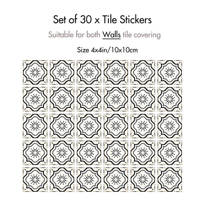 30 Count Moroccan Tile Decals 4 in – Self Adhesive Vinyl Wall Stickers, Waterproof Peel & Stick for Kitchen Backsplash, Bathroom, Stair Tread Accent, Neutral Tan/Black (Black)