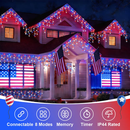 QITONG Red White and Blue Icicle Lights for Outside, 33ft 400 LED 4th of July Icicle Lights with 8 Modes, Clear Wire Connectable String Lights Plug in for Patriotic Independence Memorial Day Decor
