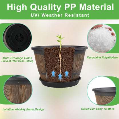 16-inch-Plant-Pots-Indoor-Outdoor, 4 Pack Large Whiskey Barrel Planters with Drainage Holes & Saucer, Plastic Flower Pots Imitation Wine Barrel Design, Decorative Garden Pots for Plants