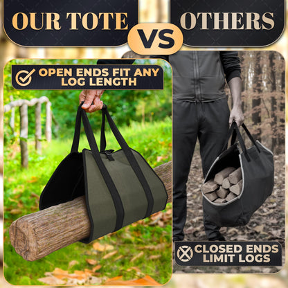 Water-Resistant Firewood Carrier Bag – 39.4"x18.5" Waxed Canvas Log Carrier for Firewood, Open-Ended Design, Large Capacity Wood Tote with Padded Handles, Buckle Strap & Folds Flat for Easy Storage