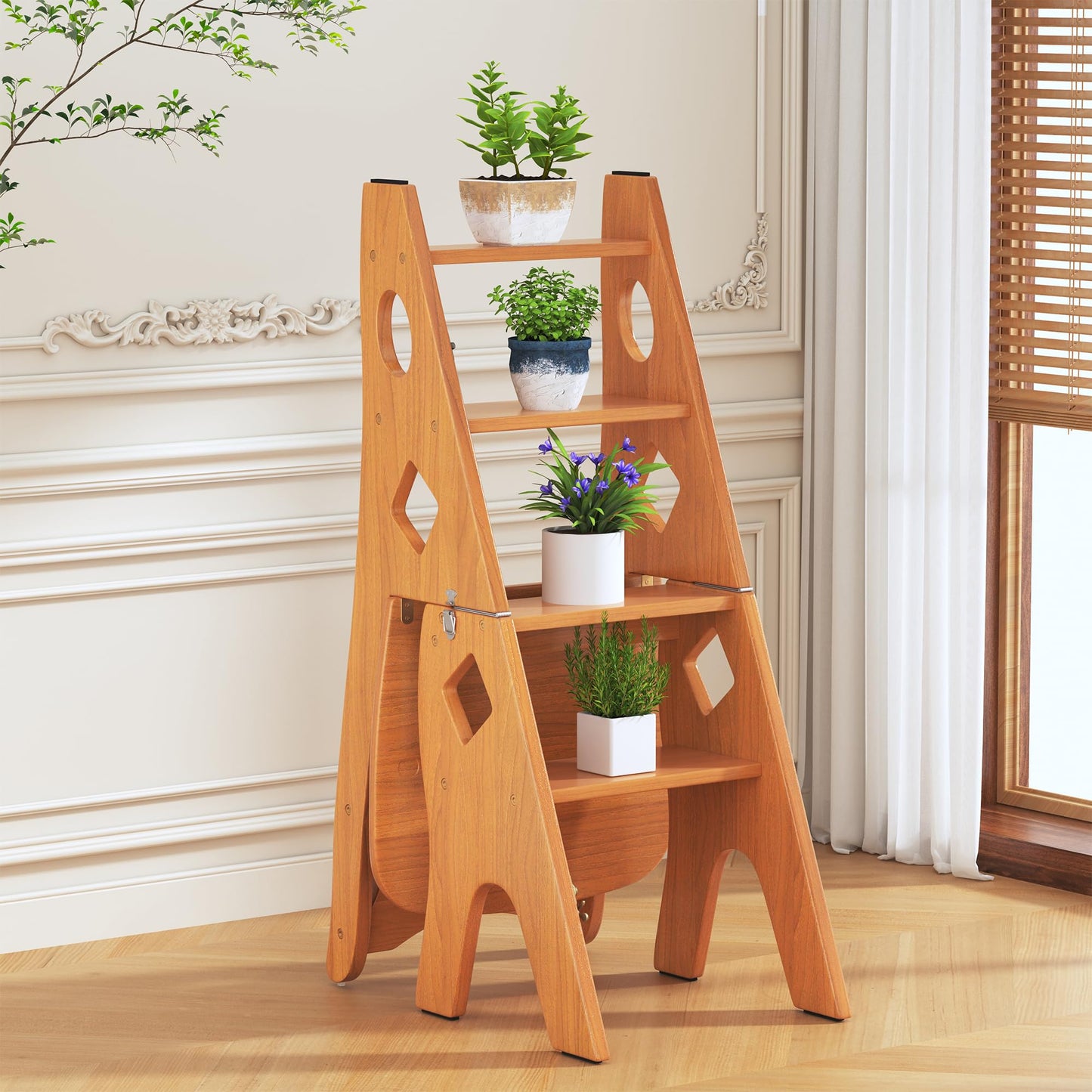 ybaymy Folding Library Ladder Chair, 4 Tier Portable Step Stool Chair, Lightweight 3-in-1 Stepladders Display Stand, Library Steps Bookshelf Plant Stand for Storage and Decoration