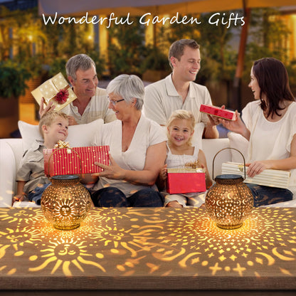 Go2garden Gifts 2Pack Solar Lanterns Outdoor Waterproof Mothers Day Gifts for Mom Moon Star Sun Solar Lights for Balcony, Yard,Birthday Gifts for Women Grandma Wife (Bronze)