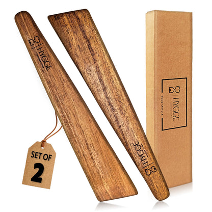 HYGGE INTERIOR LIVING Heirloom Acacia Wood Spatula Set - Professional Flat Turner for Cast Iron & Non-Stick, 12 inch Hand-Sanded Premium Hardwood, Designer Gift Box for Modern Kitchens - Set of 2