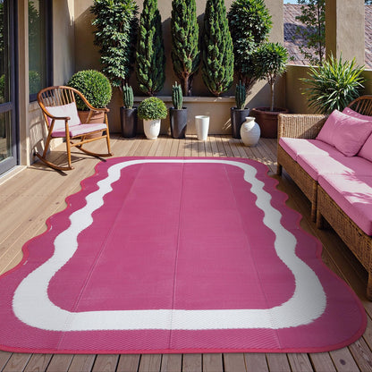 Uphome Outdoor Rug Waterproof 8x10, Large Reversible Pink Scalloped Patio Plastic Straw Rugs, Foldable Modern RV Camping Outside Carpet Mat for Pool Back Yard Deck Picnic, 8 x 10 ft