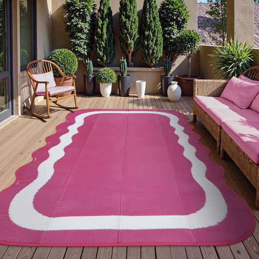 Uphome Outdoor Rug Waterproof 8x10, Large Reversible Pink Scalloped Patio Plastic Straw Rugs, Foldable Modern RV Camping Outside Carpet Mat for Pool Back Yard Deck Picnic, 8 x 10 ft