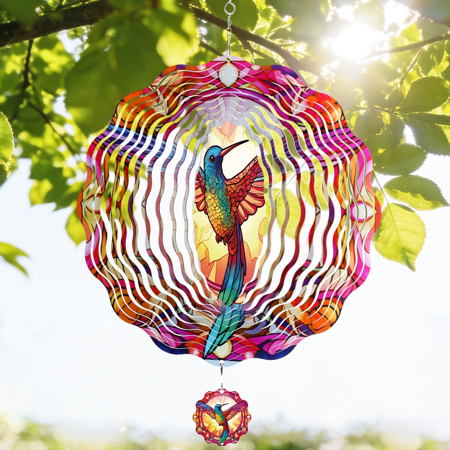 Riletese Hummingbird Wind Spinner Outdoor - 12 Inch Floral Hummingbird Hanging Decor, 3D Kinetic Iron Metal Bird Wind Spinner Gift for Women Mom Wife, Hanging Yard Art for Garden Patio Balcony