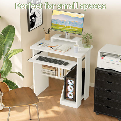 ALISENED 30" Small Computer Desk with Keyboard Tray Monitor Stand, Study Writing Desk with Storage Shelves, Modern Workstation for Small Spaces, Save Space, White