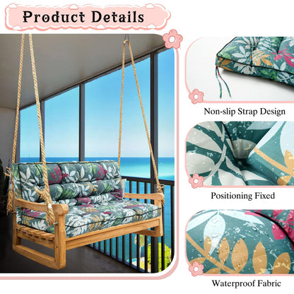 2-3 Seat Swing Replacement Cushion, Outdoor Bench Cushions with Backrest Thicken 4", Patio Furniture Garden Porch Loveseat Glider Pad Anti-Fading Waterproof (Green Flower, 40x55in)