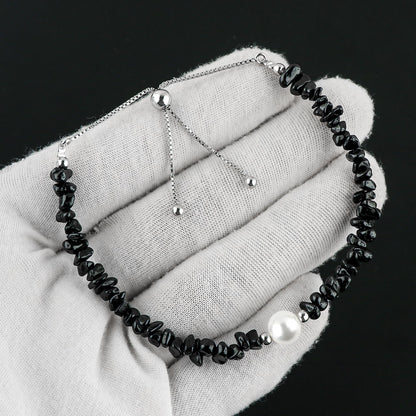 CRYSTALIS Natural Black-Spinel Beads Slider Bolo Bracelet with Elegant Pearl, Uncut Chips Nuggets Crystals, Chakra Healing Gemstone, Women Jewelry, 925 Sterling Silver Slider 10 inch