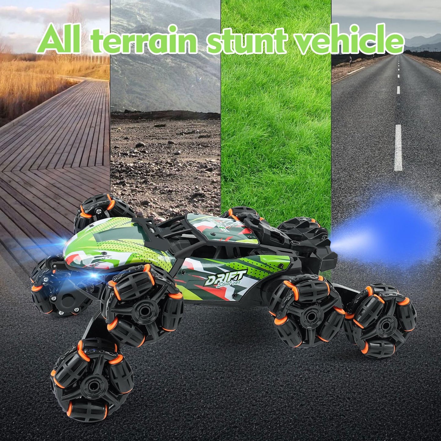 ToyFuntasy 8 Wheels Remote Control Car - Birthday Gifts for 6 7 8 9 10 11 12 Years Old Boys, Gesture Sensing RC Stunt Car with Lights & Spray & 360 Degree Flips, 2.4Ghz Climbing Toys for Kids Age 6-12