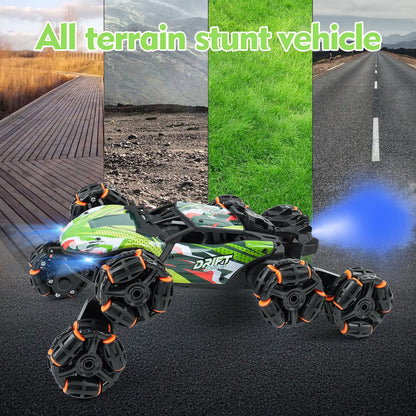 ToyFuntasy 8 Wheels Remote Control Car - Birthday Gifts for 6 7 8 9 10 11 12 Years Old Boys, Gesture Sensing RC Stunt Car with Lights & Spray & 360 Degree Flips, 2.4Ghz Climbing Toys for Kids Age 6-12