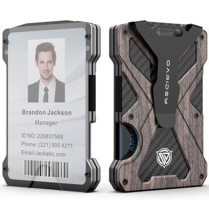 Minimalist Wallet for Men- Slim Aluminum Metal Money Clip Wallet with Clear ID Card Holder, Carbon Fiber Wallet, RFID Blocking,Holds up 15 Cards with Cash Clip,Ultra-Thin Tactical Wallet - Walnut Wood