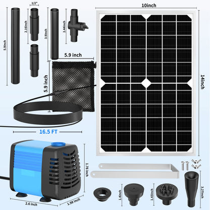 Solar Pond Pump, 15W Solar Fountain Pump with 190GPH Flow & 4 Spray Styles, 16.5Ft Extendable Power Cord, Debris Barrier Bag for Outdoor Fountain, Ponds, Fish Tank, Waterfall, Garden Water Features